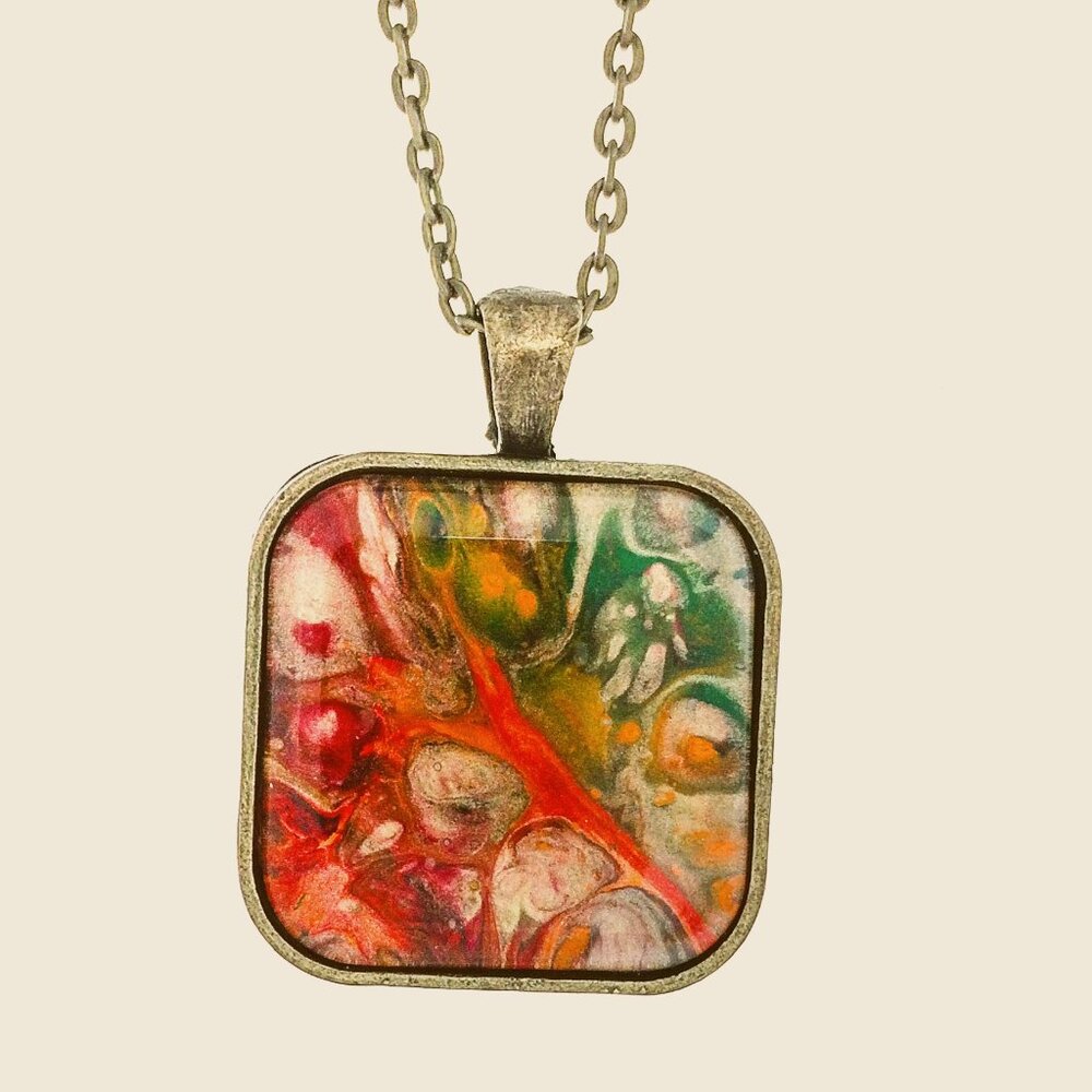 Square fluid Art Pendant Orange, Green & Gold